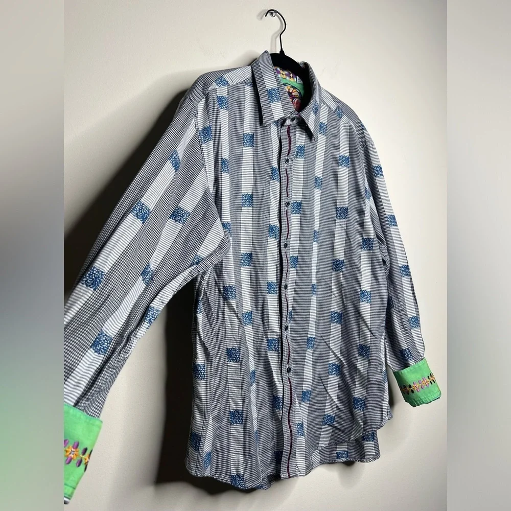 Robert Graham Houndstooth Stripe Embroidered Dress Shirt Large - Picture 12 of 15